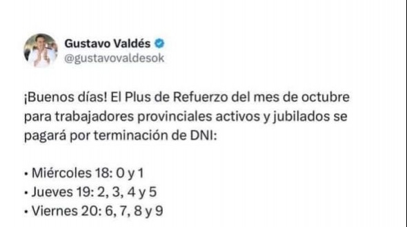 Valdés anunció el pago del plus de refuerzo a estatales