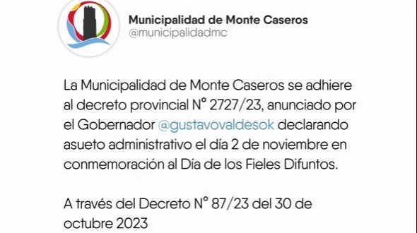 El municipio de Monte Caseros adhiere al asueto provincial